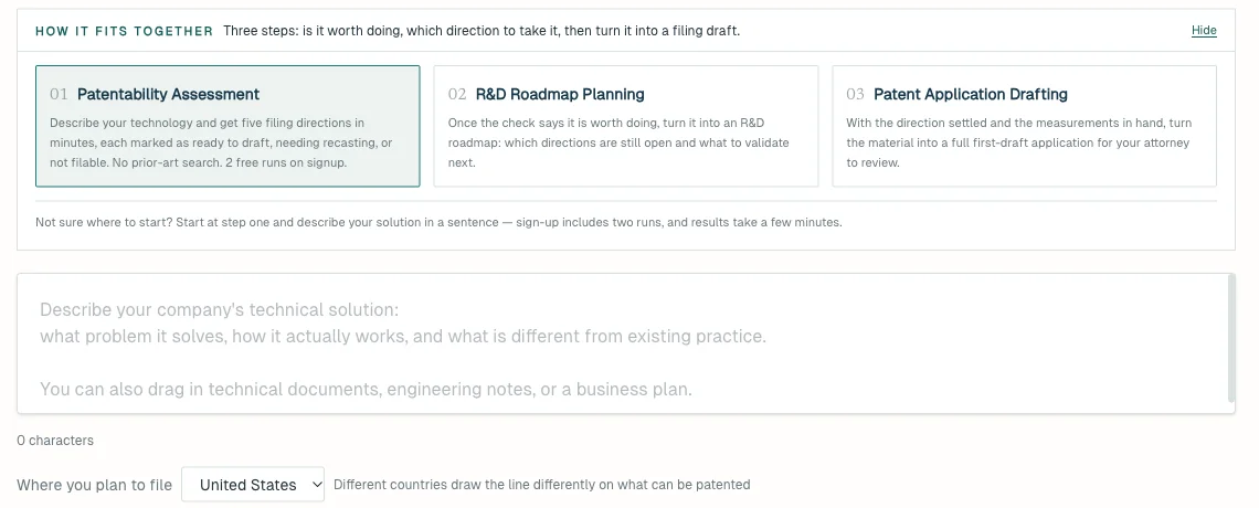 The thesmartpatent.com tool page: three steps — patentability assessment, R&D roadmap planning and patent application drafting, above the box where you describe your solution